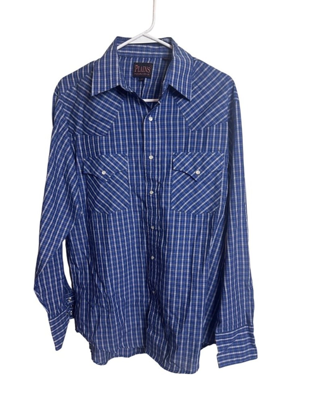 Vintage Plains Western wear  blue plaid pearl snap button up shirt size M